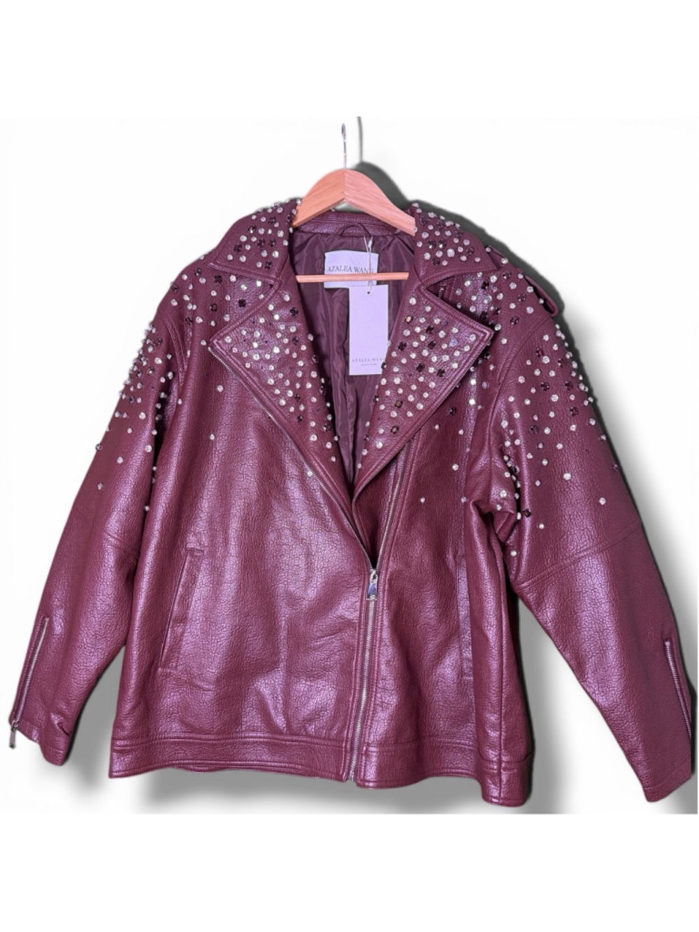 Azalea Wang Catrine Burgundy Rhinestone Oversized Jacket M Burgundy Embellished - Picture 6 of 8